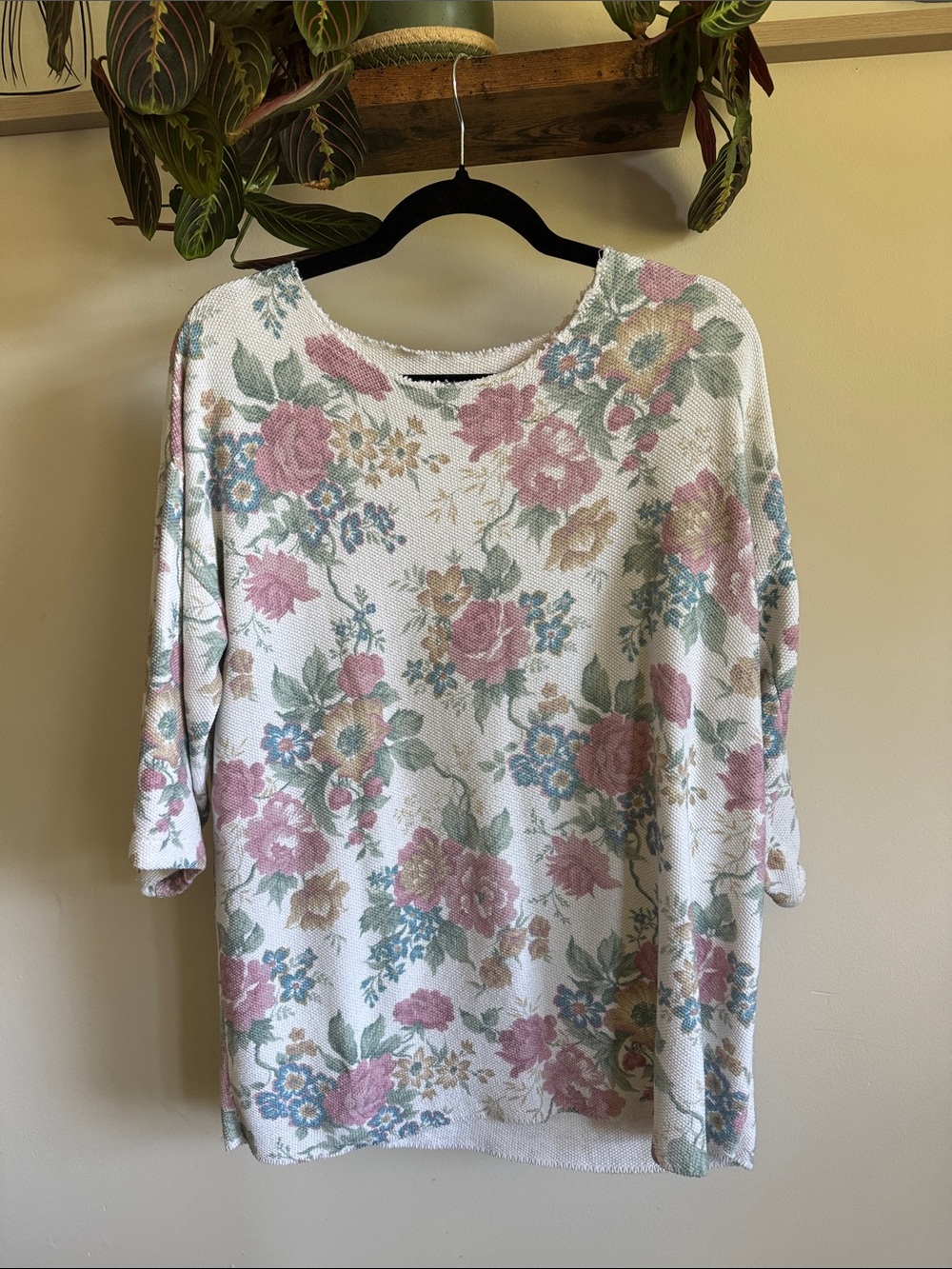 Unlisted Cream Knit Floral Top with Pink & Blue Blooms